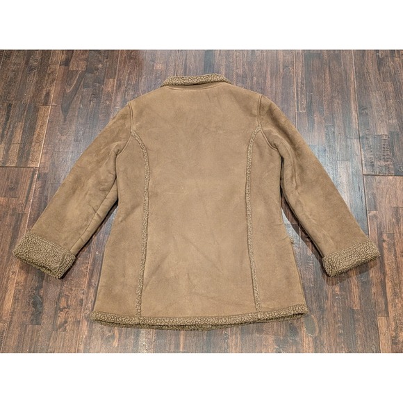 LL Bean Jacket Womens Medium Brown Faux Shearling Fleece Lined Suede Button Coat - Picture 5 of 10